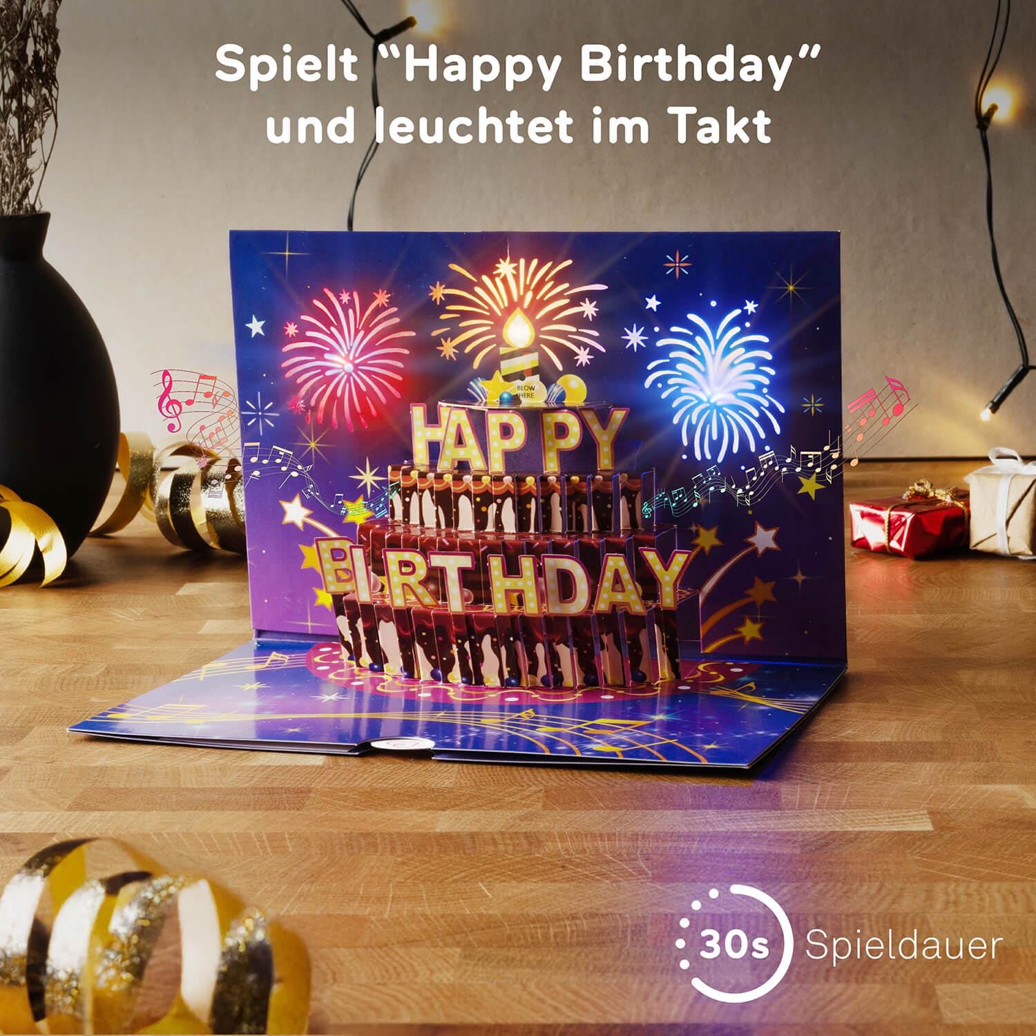 Biglietto D'Auguri Di Compleanno 3D Con Musica E Luci, Pop-up A Forma Di Torta Con Candeline, Include Busta, Regalo Per Donne, Uomini E Bambini, 15x15 Cm