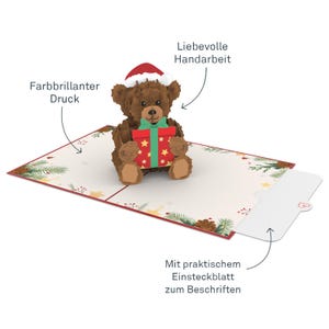 Pop-up Christmas card "Christmas Teddy" - 3D Christmas card for children, girls and boys, 3D Christmas greeting card with teddy bear image 3