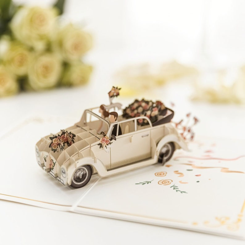 Pop Up Karte Hochzeit Hochzeitsauto Just Married 3D Hochzeitskarte, Handgemachte Glückwunschkarte und Geldgeschenk zum Standesamt zdjęcie 4