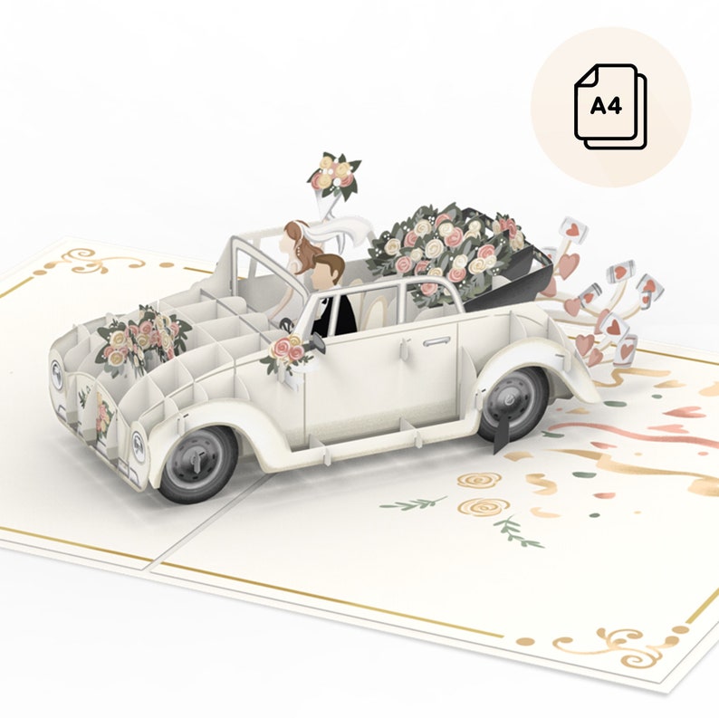 Carte pop-up XXL Mariage Voiture de mariage Just Married grande carte de mariage 3D, carte de félicitations faite à la main et cadeau en argent pour l'état civil image 1