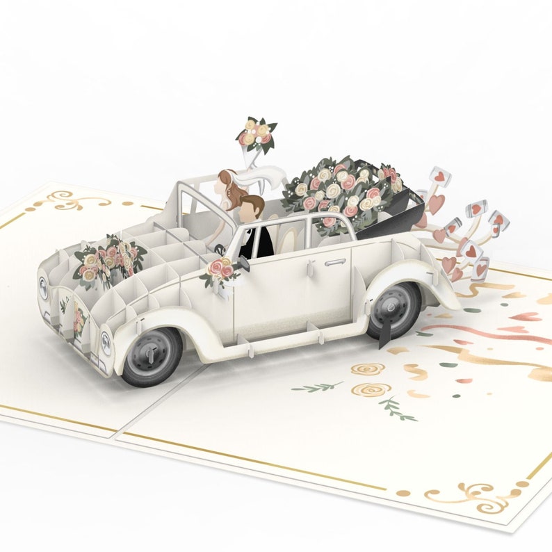 Carte pop-up de mariage Voiture de mariage « Just Married » - Carte de mariage 3D, carte de félicitations faite à la main et cadeau en espèces pour l'état civil image 1