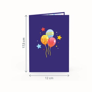 Pu&ograve; includere: Una carta blu con un design pop-up che presenta tre palloncini colorati con coriandoli e stelle. La carta misura 12 cm per 17,5 cm.