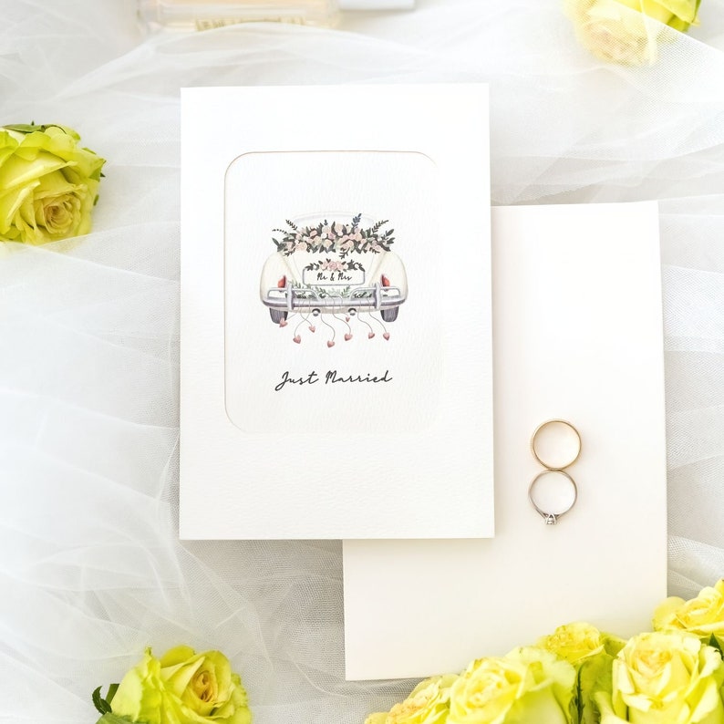 Carte pop-up de mariage Voiture de mariage « Just Married » - Carte de mariage 3D, carte de félicitations faite à la main et cadeau en espèces pour l'état civil image 6