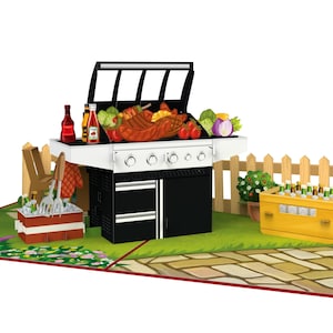 Pop-up card with gas grill - 3D birthday card with grill - gift (voucher, money) for grilling, Father's Day card for husband, boyfriend or dad