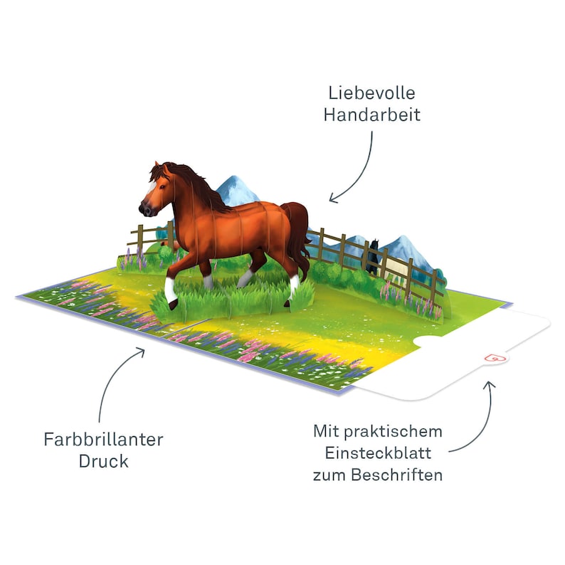 May include: A 3D pop-up card featuring a brown horse standing in a grassy field with a wooden fence. The card has a bright, colourful design and includes a blank insert for writing a message. The card is handmade and features the text "Liebevolle Handarbeit" (Loving Handwork).
