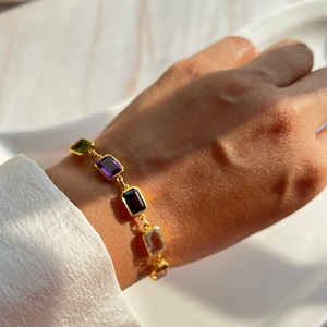 Dainty 18k Multi Gemstone bracelet, 925 sterling silver bracelet, octagon chain bracelet, handmade jewelry, personalised gifts, minimalist