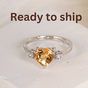 Adjustable citrine ring, Natural heart shape ring, silver ring,handmade jewelry, promise ring, minimalist, yellow heart ring, Birthday gift.