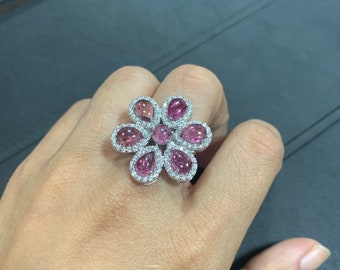 Natural pink tourmaline cocktail silver ring, flower design statement ring, pink stone ring, 925 silver ring, gemstone jewelry, wedding ring