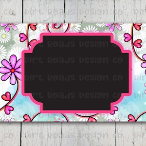 May include: A pink and white floral design with a black rectangle in the centre. The rectangle has the text "Dirt Roads Design Co" repeated four times. The design is on a white background with a light blue watercolour effect.