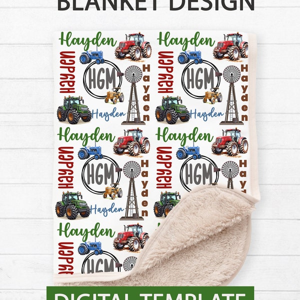 Baby Blanket Template, Sublimation Blanket Design, Customizable Name Blanket, Tractor Blanket Template, Boy Blanket