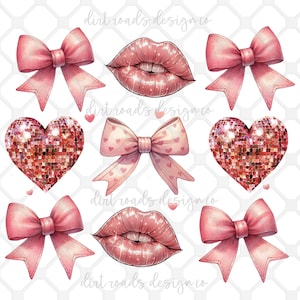 Coração de discoteca Valentine, laço rosa coquete, lábios brilhantes em ouro rosa, brilho, PNG