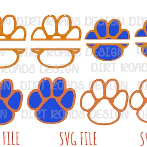 May include: Two sets of paw print SVG files, one with orange paw prints and blue centres, and the other with blue paw prints and orange centres. The paw prints are split in half, with a line in the middle for adding text. The text "SVG FILE" is written below each set of paw prints.