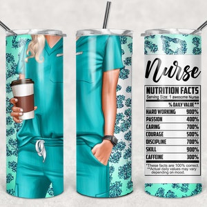 Nurse Nutrition Facts, 20 oz Skinny Tumbler Sublimation, CNA, Healthcare Worker, Nurse Tumbler Wrap, Turquoise Leopard PNG Instant Download