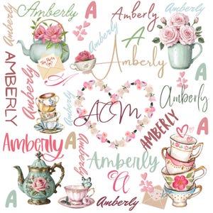 May include: A whimsical design featuring teacups, teapots, and floral arrangements. The name "Amberly" is written in various fonts and colors throughout the image. A heart-shaped floral wreath and the initials "ACM" are also present. The overall theme is a tea party.