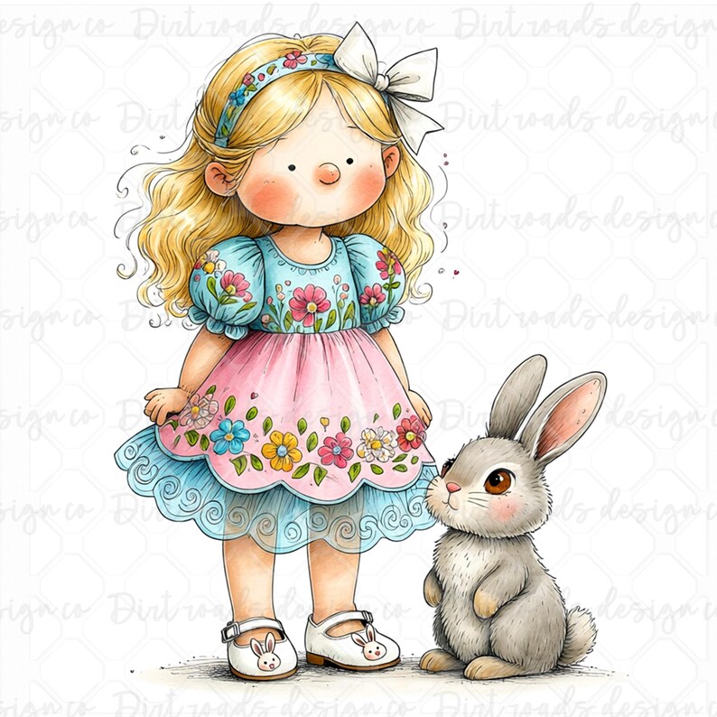 Whimsical Easter Girl With Bunny Clipart, Spring Floral Child ...