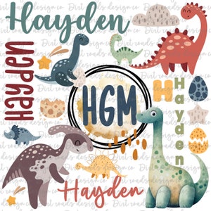 May include: A white background with a colorful dinosaur theme. The name Hayden is written in red and blue letters. The letters HGM are in a circle with a gold background. There are several dinosaurs in different colors and patterns. The dinosaurs are surrounded by stars, eggs, and other dinosaur-themed designs.