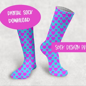 Sock Template, Sock Sublimation Digital Download, Pink and Blue Heart socks, sock png