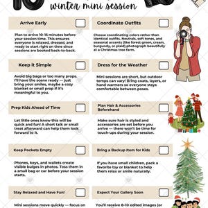 May include: An infographic with ten tips for preparing for an outdoor fall or winter mini photo session. The image includes a camera, a photographer, a Christmas tree, and families. Text includes advice on outfits, weather, and keeping pockets empty.