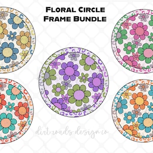 May include: Set of five floral circle frames with a white background and colourful flowers. The frames are ideal for adding a touch of vintage style to your projects.