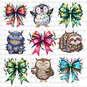 May include: A digital clipart set featuring various animals and bows decorated with colorful Christmas lights. The animals include a penguin, a hippopotamus, a sloth, and an owl. The bows are in various colors, including green, red, and blue.