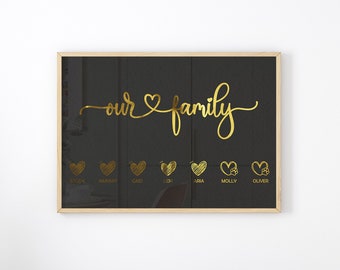 Customisable Foil Love Heart Family Print, Personalised Wall Art for Home Decor, Our Family Foil Print, Wall Décor