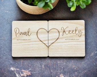 Personalised Wooden Coasters for Couples - 5th Anniversary, Engagement Gift - Custom Engraved Coaster Set, Personalized Coaster Set