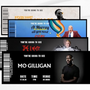 May include: A stack of four rectangular event tickets featuring various performers. Each ticket includes a barcode on the left, the text "YOU'RE GOING TO SEE," and images of comedians including Kevin Hart, Al Murray, Joe Lycett, and Mo Gilligan with event details.