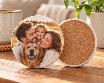 Personalised Round Ceramic Photo Coaster – Your Own Picture, Cork Backed