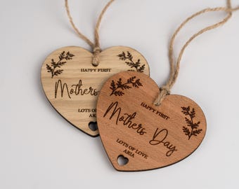 Personalized First Mothers Day Gift Tag, Engraved Wood Keepsake