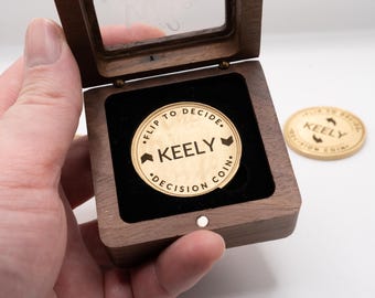 Personalised Brass Decision Coin with Walnut Case: Custom Engraved Flip Coin
