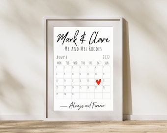 Personalized Wedding Date Calendar Print: Engagement Gift