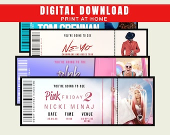 May include: Three printable concert ticket mockups featuring Nicki Minaj, Pink, and Ne-Yo. The tickets are pink, purple, and blue with black text. The text on the Nicki Minaj ticket reads "Pink Friday 2 Nicki Minaj" with the date, time, and venue listed below.