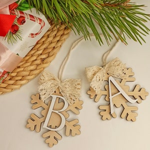 Snowflake Christmas ornament with initials, X-mas gift tag for kids, Personalized stocking tags, Custom wooden name tags