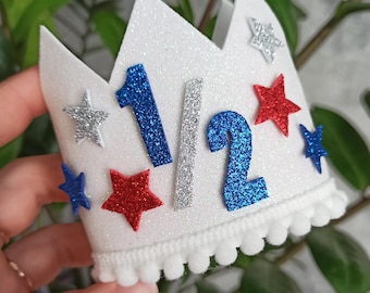 Stars stripes and lots of fun, Patriotic theme half birthday crown, 4th of July birthday, our little firecracker, red white blue