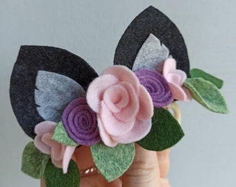 Schwarzes Kätzchen-Blumen-Stirnband für Mädchen, Filz-Blumenkrone, Kätzchen-Geburtstagsoutfit