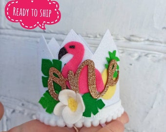 Corona de cumpleaños de flamenco, corona de cumpleaños tropical para niñas, Let's Flamingle, niña de primer cumpleaños, sombrero de cumpleaños