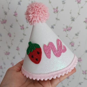 Strawberry birthday party crown for girls, Pink strawberry birthday hat, Fruit birthday party hat