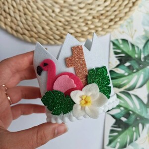 Girls Tropical Birthday Crown, Flamingo 1st Birthday Crown, Monstera Leaf Party Hat, 1st birthday party