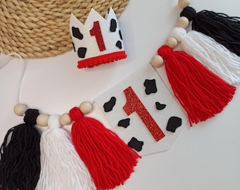 Holy Cow I'm One birthday, birthday crown cow theme, Cow Boy birthday high chair banner, Farm Cake smash garland