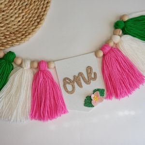 Aloha one birthday high chair banner, Luau for Our Little One, Flamingo birthday banner, Tropical 1st birthday banner