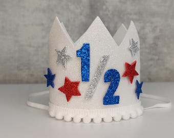 Patriotic theme half birthday crown, 4th of July birthday, our little firecracker, stars stripes and lots of fun, red white blue