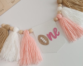 Pink Football birthday banner, touchdown birthday party decor, First Year Down girl birthday high chair banner