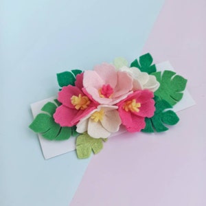 Tropical 1st birthday crown, Flamingo party outfit, Pink hibiscus headband, Monstera leaf crown