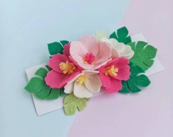 Tropical 1st birthday crown, Flamingo party outfit, Pink hibiscus headband, Monstera leaf crown