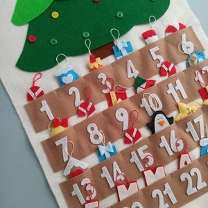 Calendario dell'avvento in feltro, calendario dell'avvento dell'albero, conto alla rovescia per Natale per bambini, ornamenti dell'avvento, ghirlanda dell'avvento