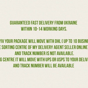 Puede incluir: Entrega r&aacute;pida garantizada desde Ucrania en un plazo de 10 a 14 d&iacute;as h&aacute;biles. Desde Kiev, su paquete se trasladar&aacute; con DHL (hasta 10 d&iacute;as h&aacute;biles) al centro de clasificaci&oacute;n de mi agente de entrega vendedor en l&iacute;nea en EE. UU. y el n&uacute;mero de seguimiento no est&aacute; disponible. Desde el centro de clasificaci&oacute;n, se trasladar&aacute; con UPS o USPS a su direcci&oacute;n de entrega y el n&uacute;mero de seguimiento estar&aacute; disponible.