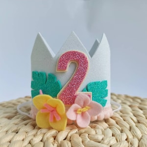 Aloha 2nd birthday crown with flowers, Tropical 1st birthday party crown, summer birthday party hat