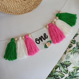 Hawaiian one birthday party high chair banner, Tropical 1st birthday, Luau for Our Little One, Flamingo birthday banner, Aloha one birthday