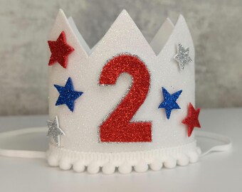 Red White & Two birthday crown, 4th of July 1st birthday, our little firecracker, stars stripes and lots of fun, red white and one
