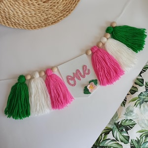 Tropical 1st birthday high chair banner, Luau for Our Little One, Flamingo birthday decor, Aloha one birthday, Hawaiian one birthday party